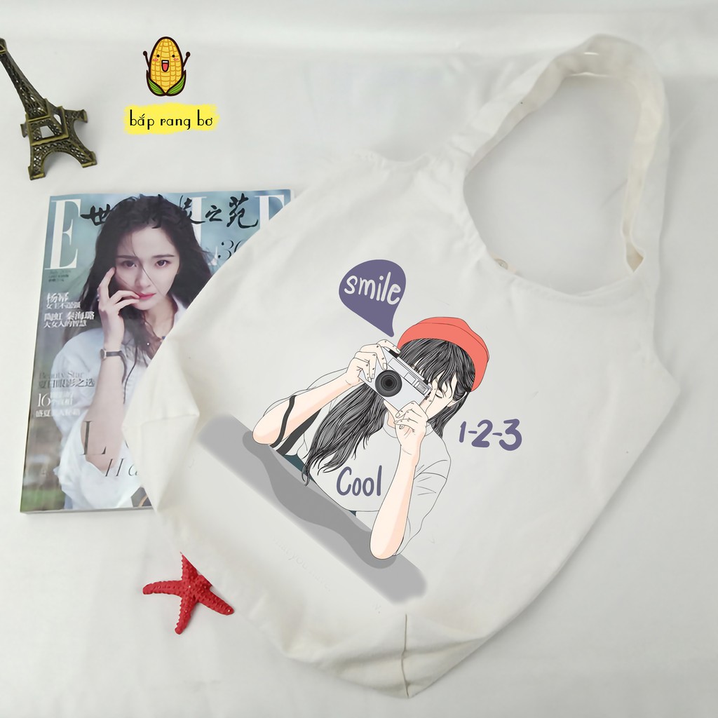[Mã WAST10K giảm 10K đơn bất kỳ] TÚI TOTE CÔ GÁI VÀ MÁY ẢNH - CÓ KHÓA - VẢI DỆT CANVAS